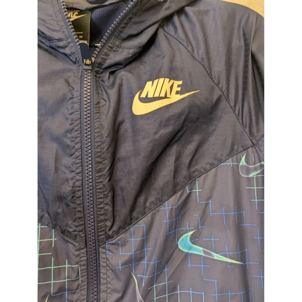Nike Kid's Size XL Hooded Windbreaker Jacket Navy Blue‎ Swoosh Print